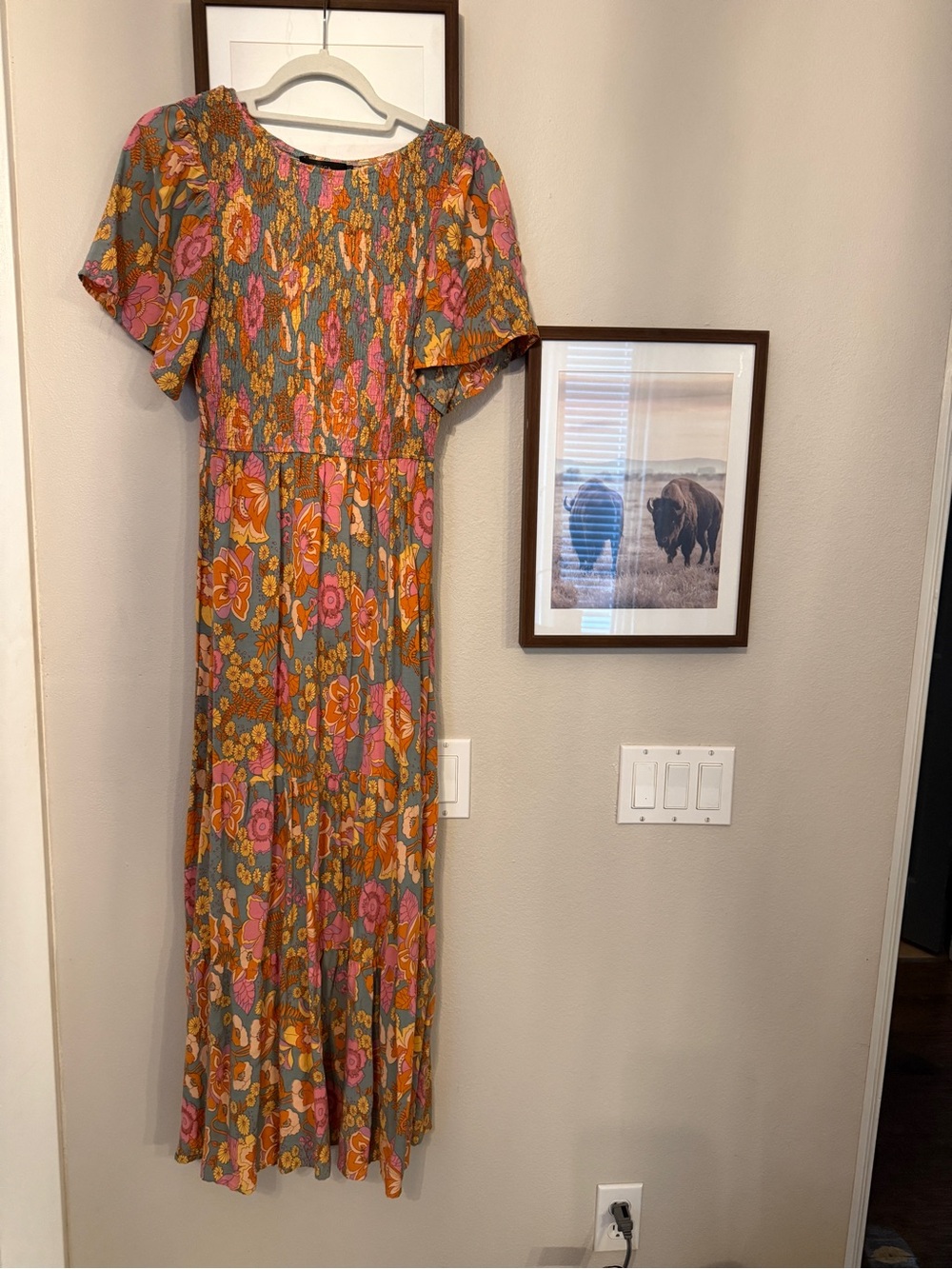 Floral Maxi Dress in Olive with Pink & Orange Blooms
